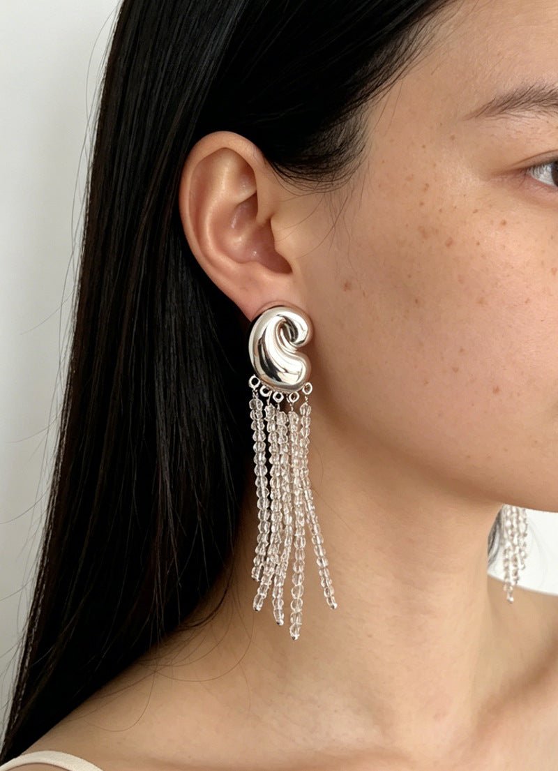 Sculptural Mirror Silver Conch Long Tassel Earrings - floysun
