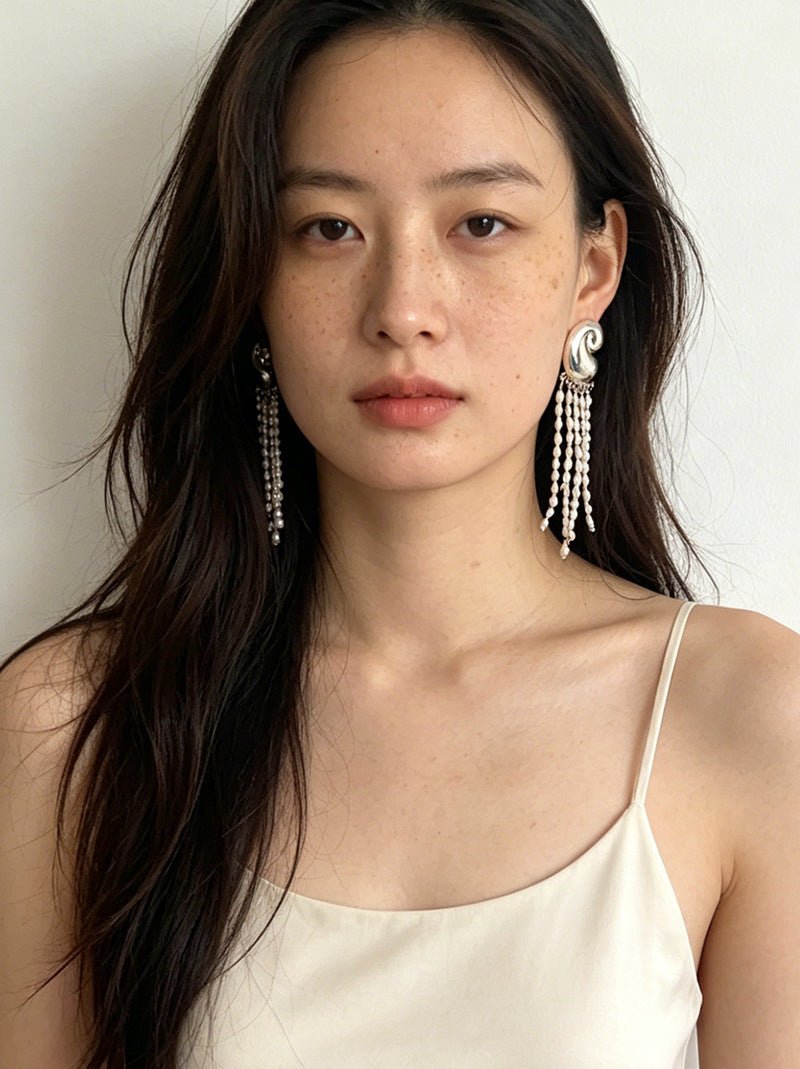 Sculptural Mirror Silver Conch Long Tassel Earrings - floysun