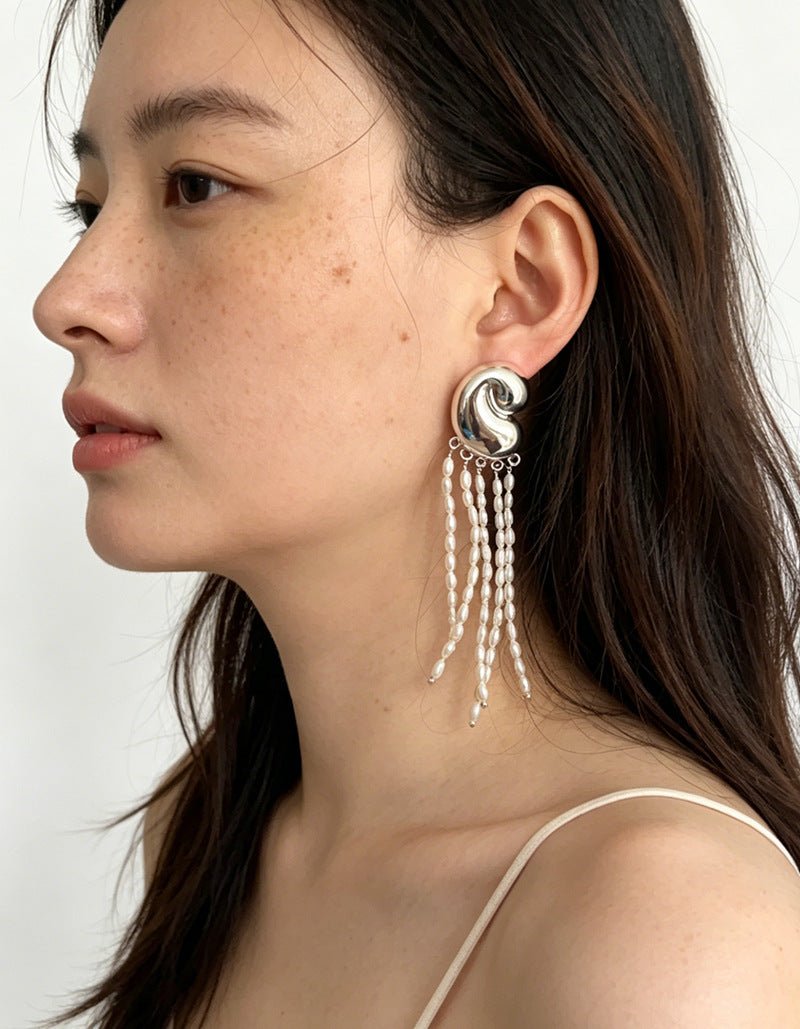 Sculptural Mirror Silver Conch Long Tassel Earrings - floysun