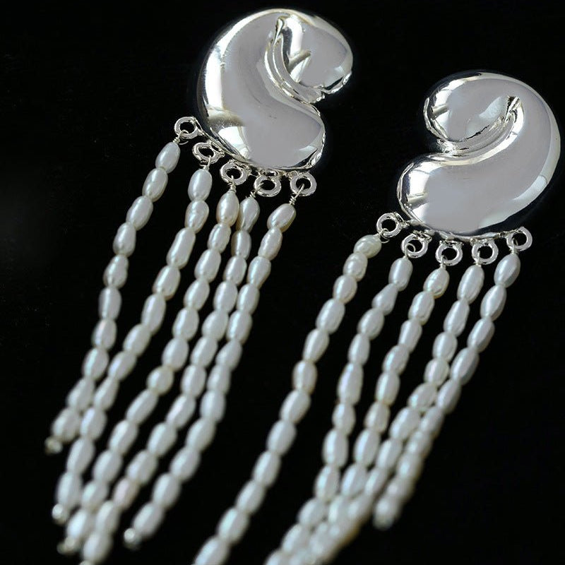 Sculptural Mirror Silver Conch Long Tassel Earrings - floysun