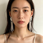 Sculptural Mirror Silver Conch Long Tassel Earrings - floysun