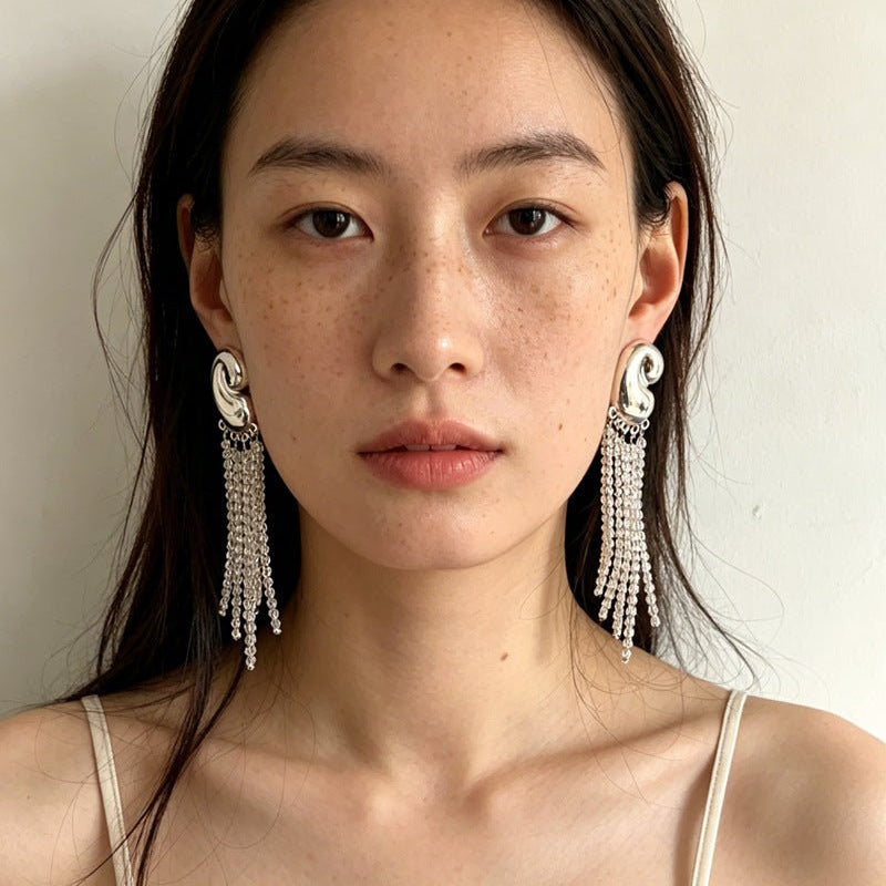 Sculptural Mirror Silver Conch Long Tassel Earrings - floysun