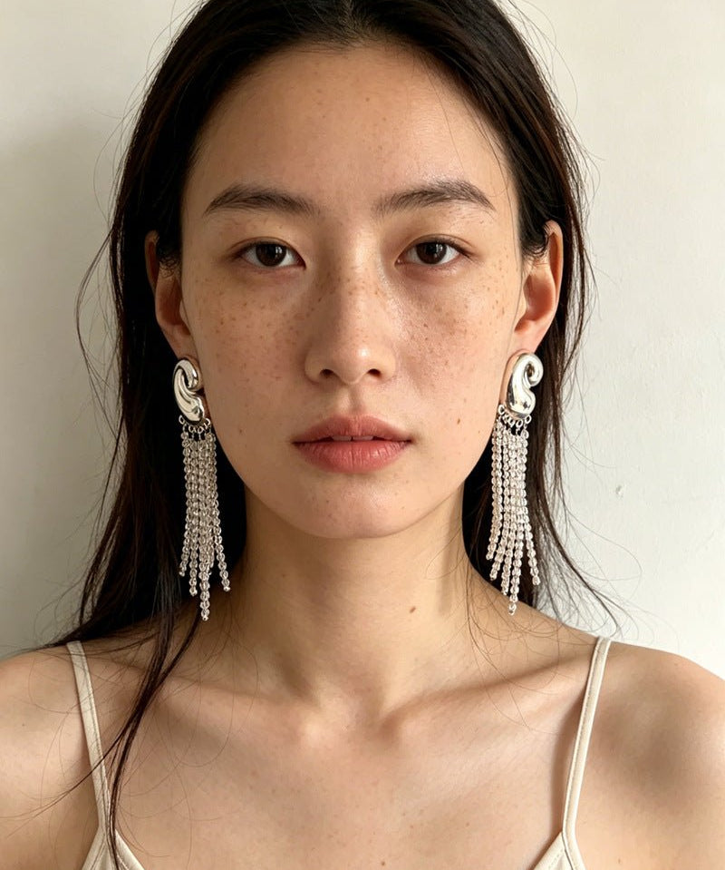 Sculptural Mirror Silver Conch Long Tassel Earrings - floysun