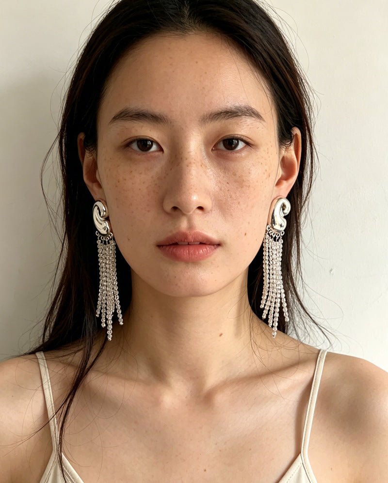 Sculptural Mirror Silver Conch Long Tassel Earrings - floysun