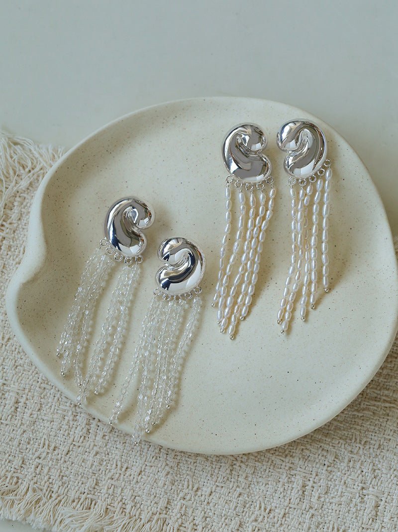 Sculptural Mirror Silver Conch Long Tassel Earrings - floysun