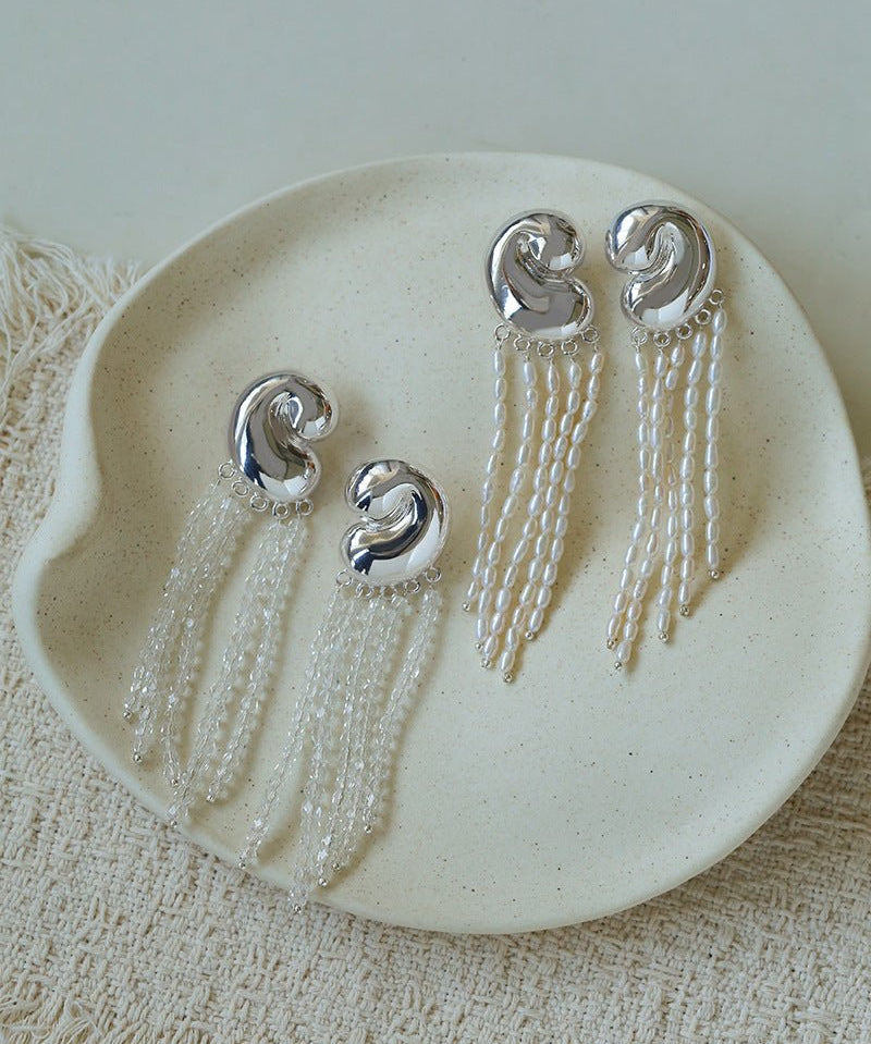 Sculptural Mirror Silver Conch Long Tassel Earrings - floysun