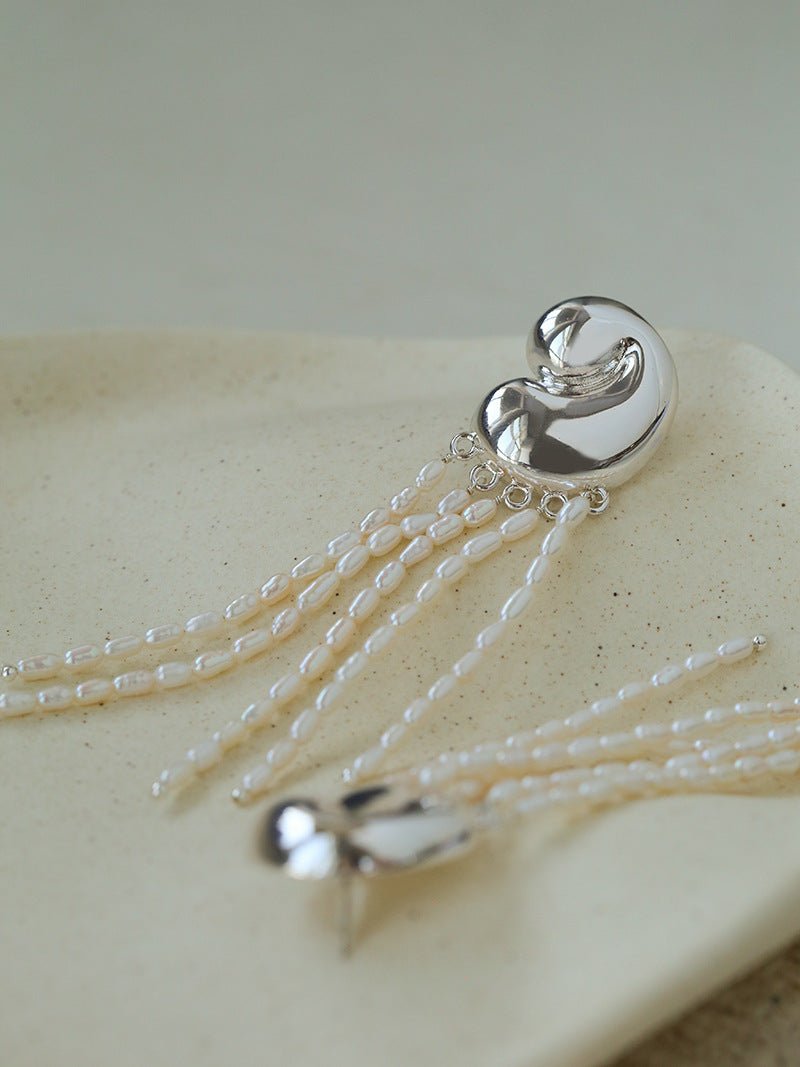 Sculptural Mirror Silver Conch Long Tassel Earrings - floysun