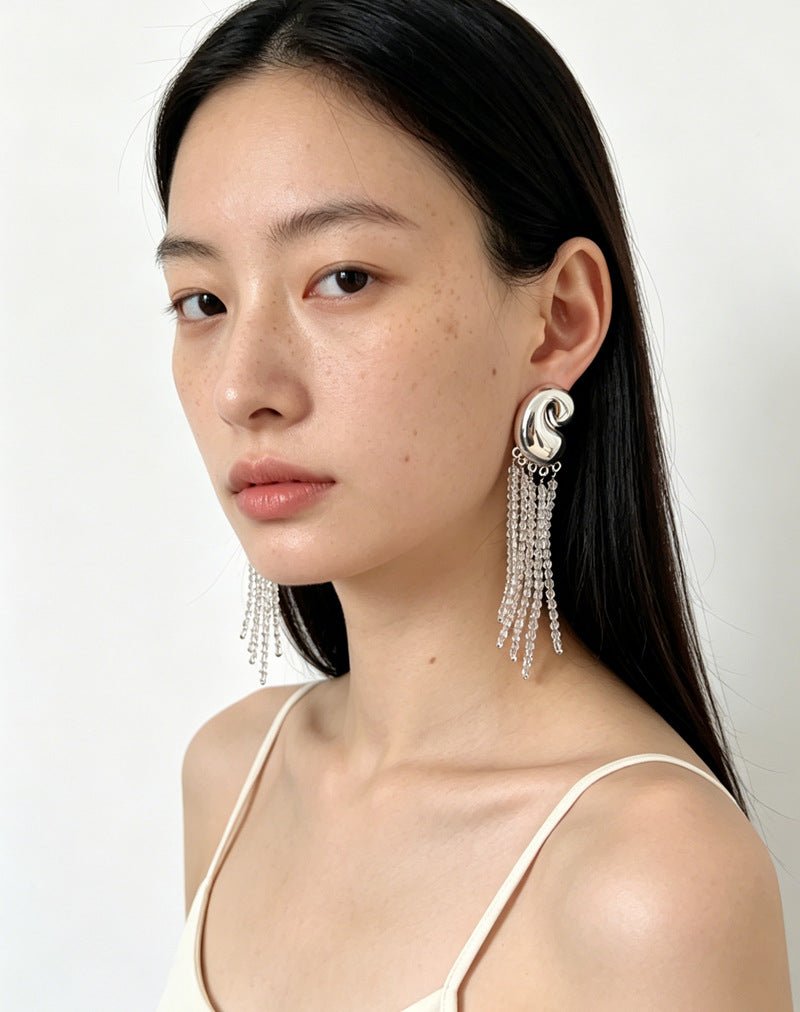 Sculptural Mirror Silver Conch Long Tassel Earrings - floysun