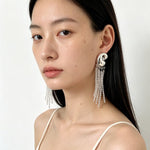 Sculptural Mirror Silver Conch Long Tassel Earrings - floysun