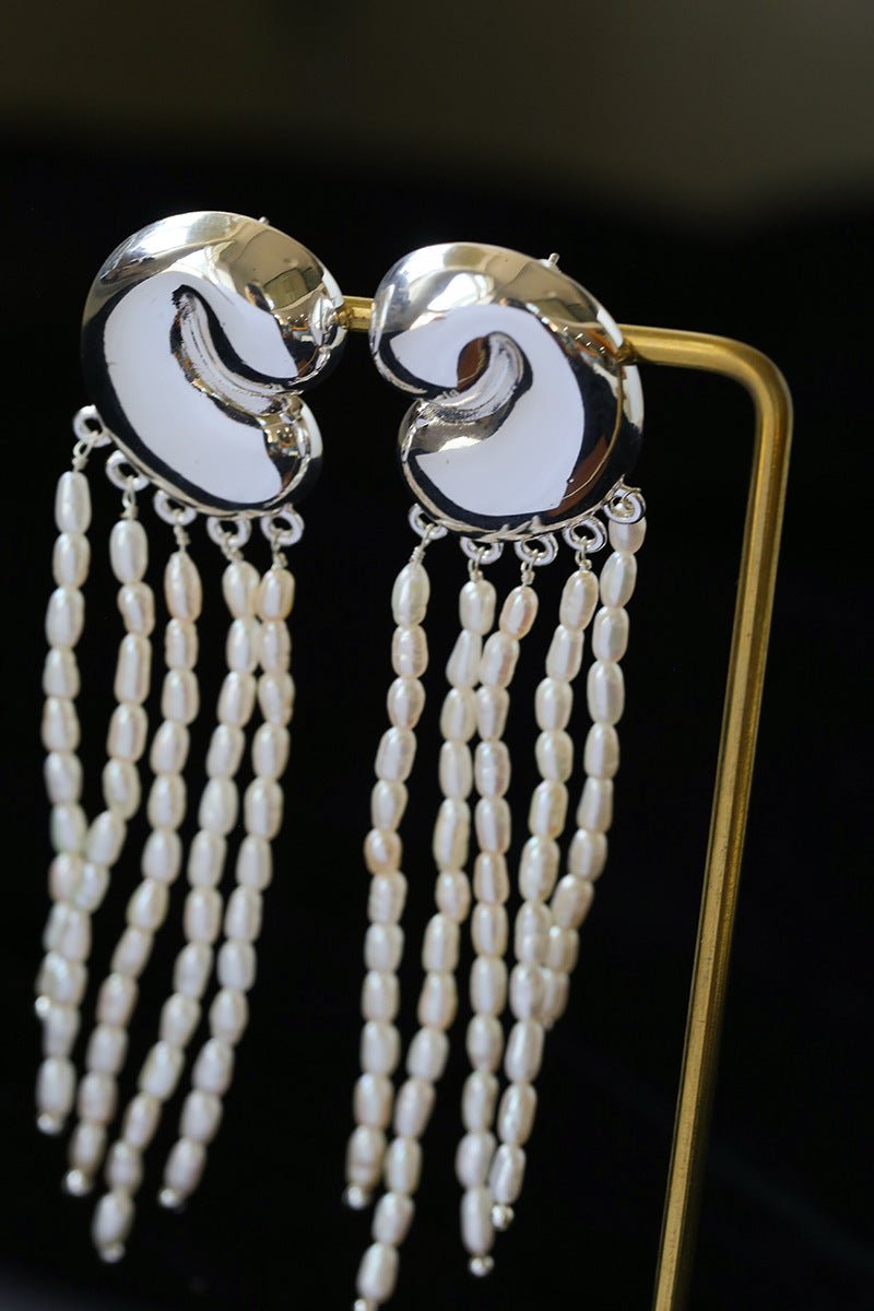 Sculptural Mirror Silver Conch Long Tassel Earrings - floysun