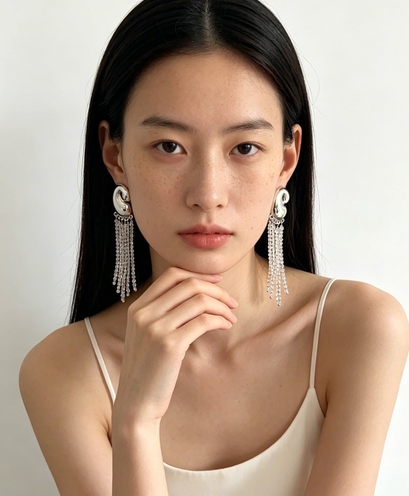 Sculptural Mirror Silver Conch Long Tassel Earrings - floysun