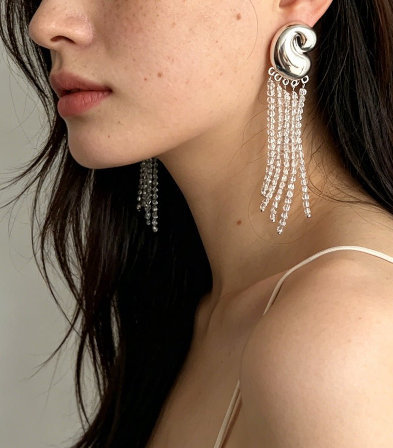 Sculptural Mirror Silver Conch Long Tassel Earrings - floysun