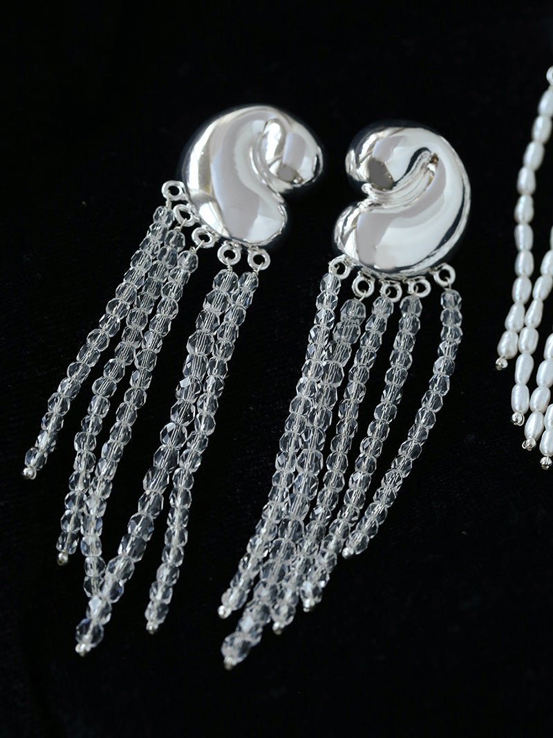 Sculptural Mirror Silver Conch Long Tassel Earrings - floysun