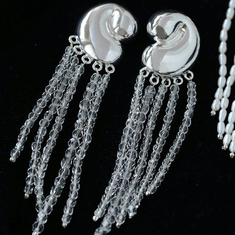 Sculptural Mirror Silver Conch Long Tassel Earrings - floysun