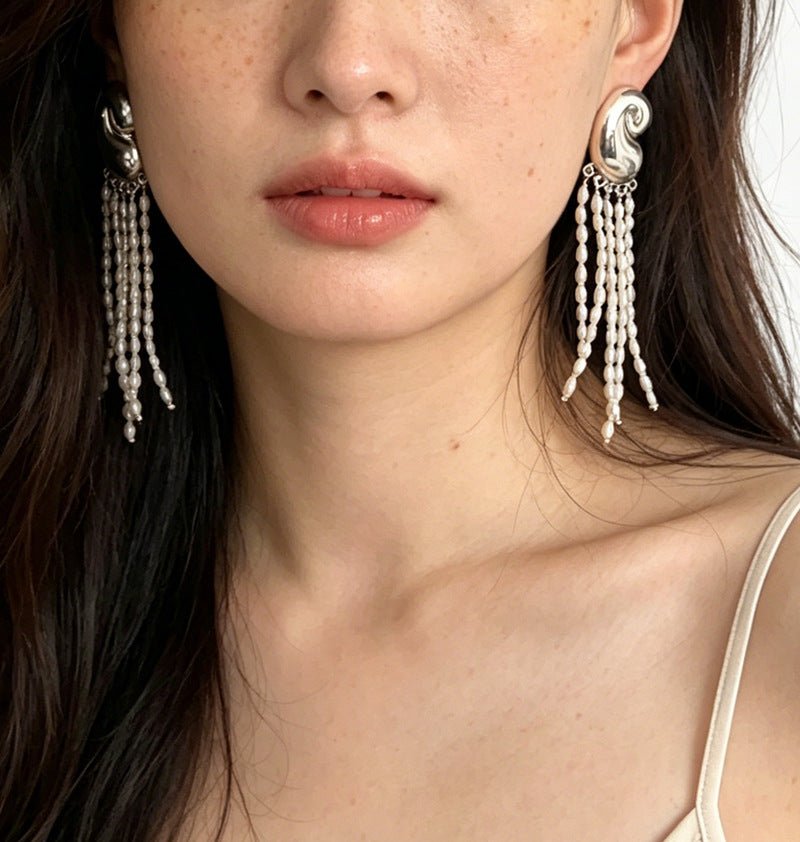 Sculptural Mirror Silver Conch Long Tassel Earrings - floysun