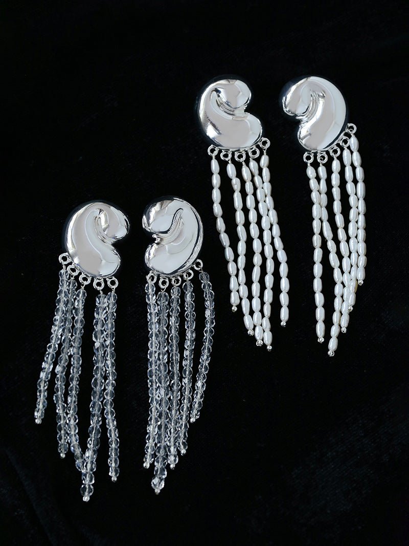 Sculptural Mirror Silver Conch Long Tassel Earrings - floysun