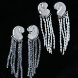 Sculptural Mirror Silver Conch Long Tassel Earrings - floysun