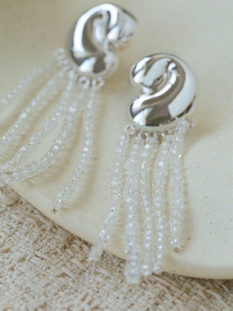 Sculptural Mirror Silver Conch Long Tassel Earrings - floysun