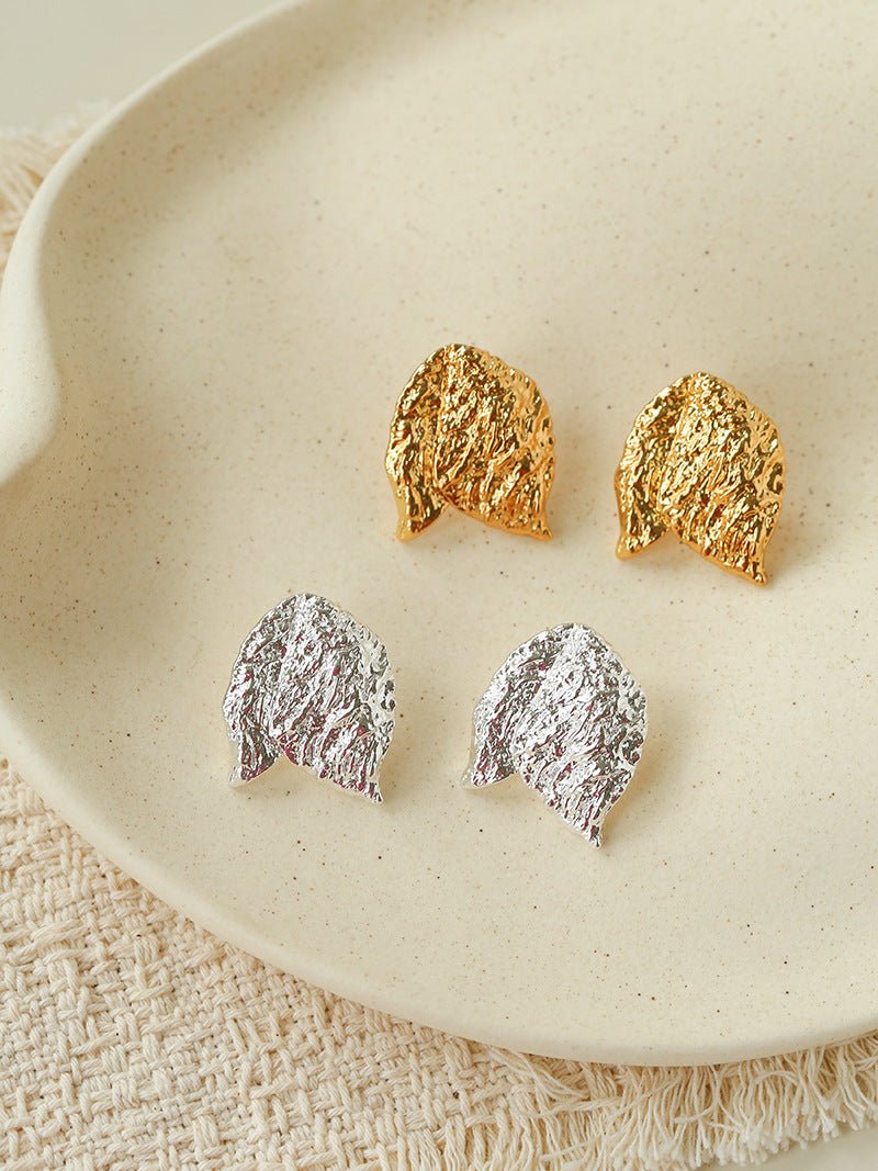 Sculptural Tulip Petal Stud Earrings - Organic Hammered Metal Bold Daily Studs - floysun