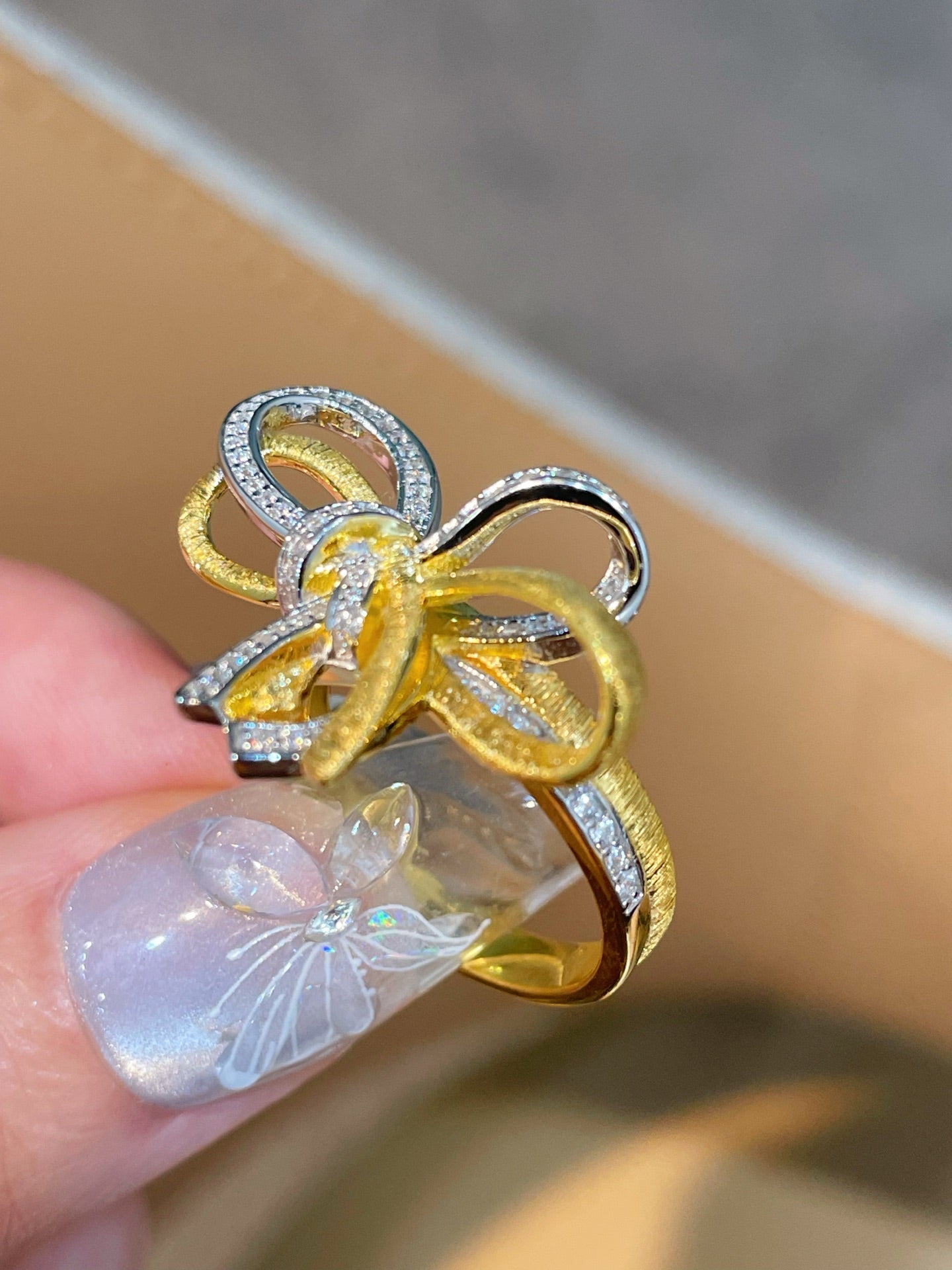 Sculptural Two-Tone Brushed Bow Statement Ring - floysun