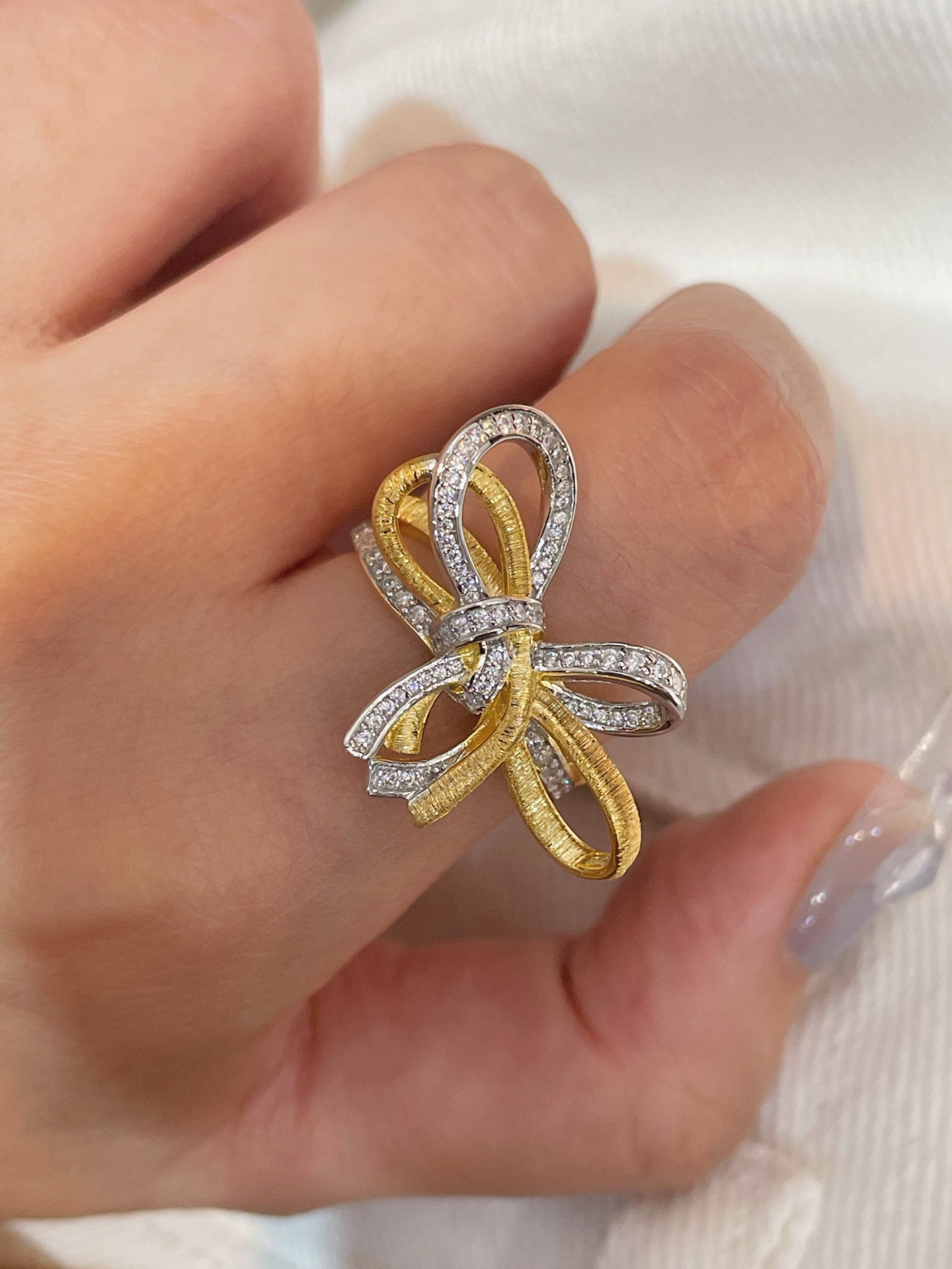 Sculptural Two-Tone Brushed Bow Statement Ring - floysun