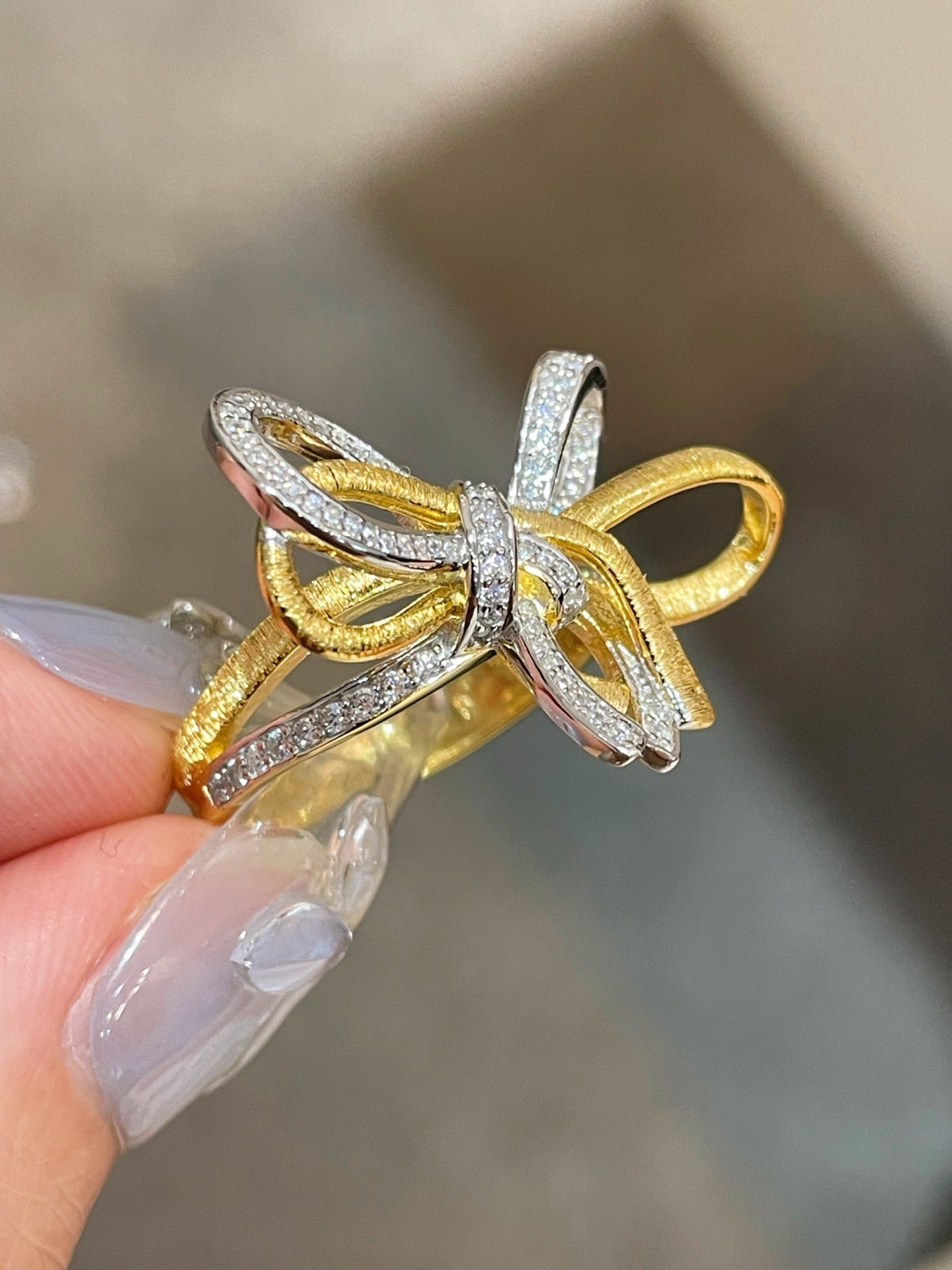 Sculptural Two-Tone Brushed Bow Statement Ring - floysun