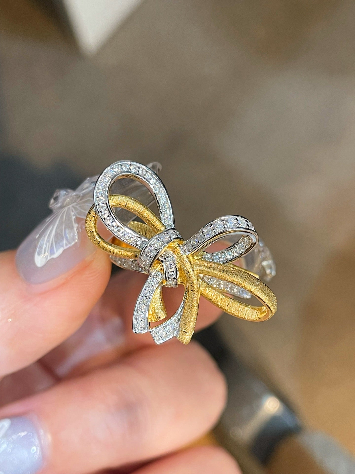 Sculptural Two-Tone Brushed Bow Statement Ring - floysun