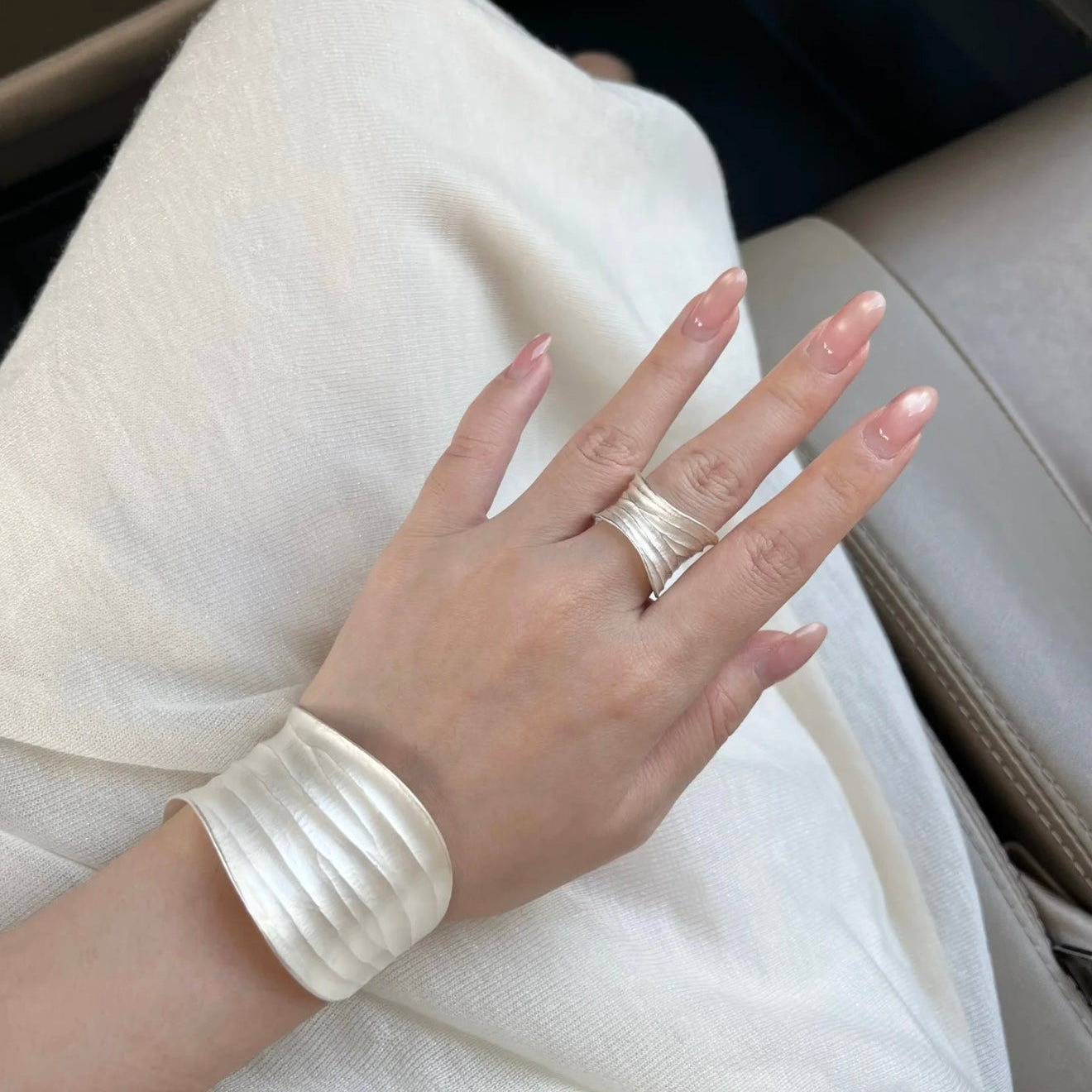 Sculptural White Ripple Adjustable Open Ring - floysun