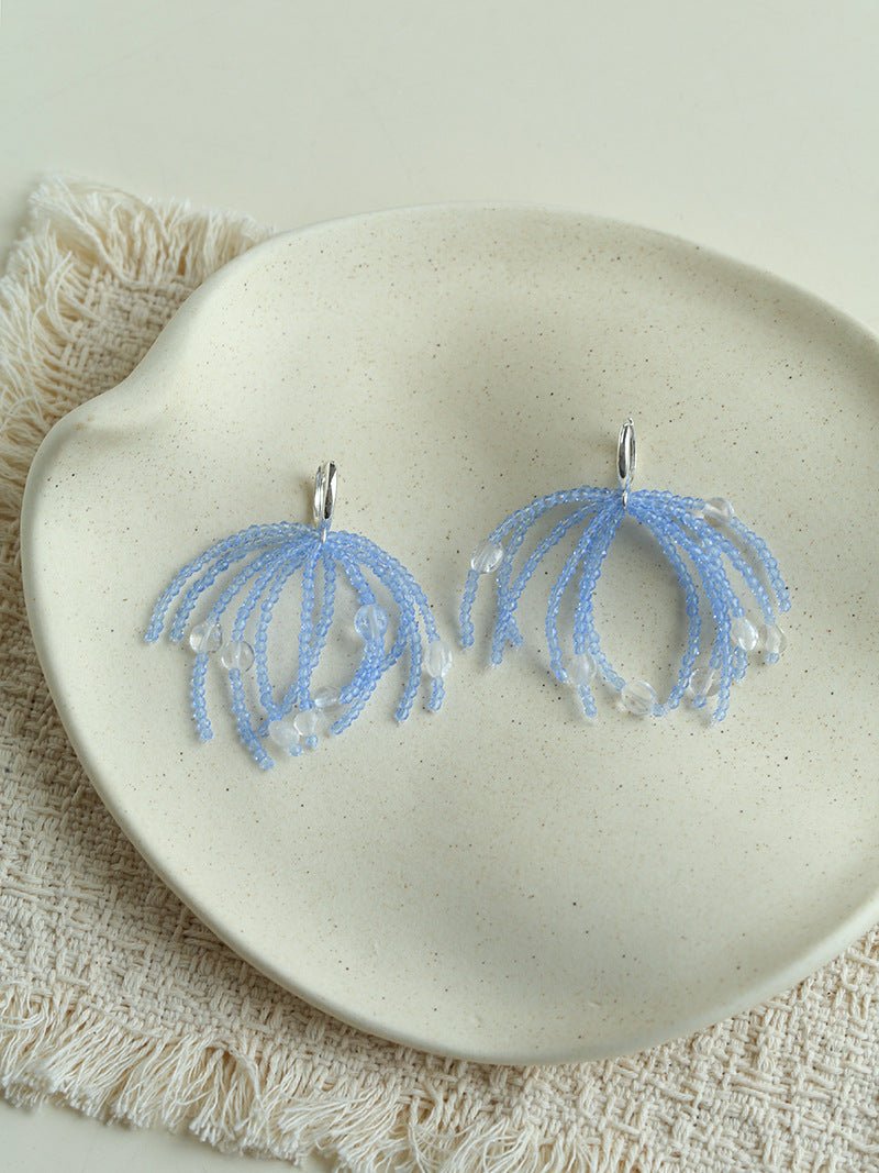 Sea Salt Blue Tassel Drop Earrings - Woven Crystal Fringe with Quartz Drops - floysun