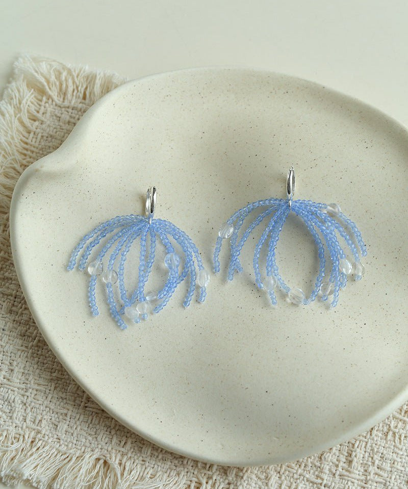Sea Salt Blue Tassel Drop Earrings - Woven Crystal Fringe with Quartz Drops - floysun