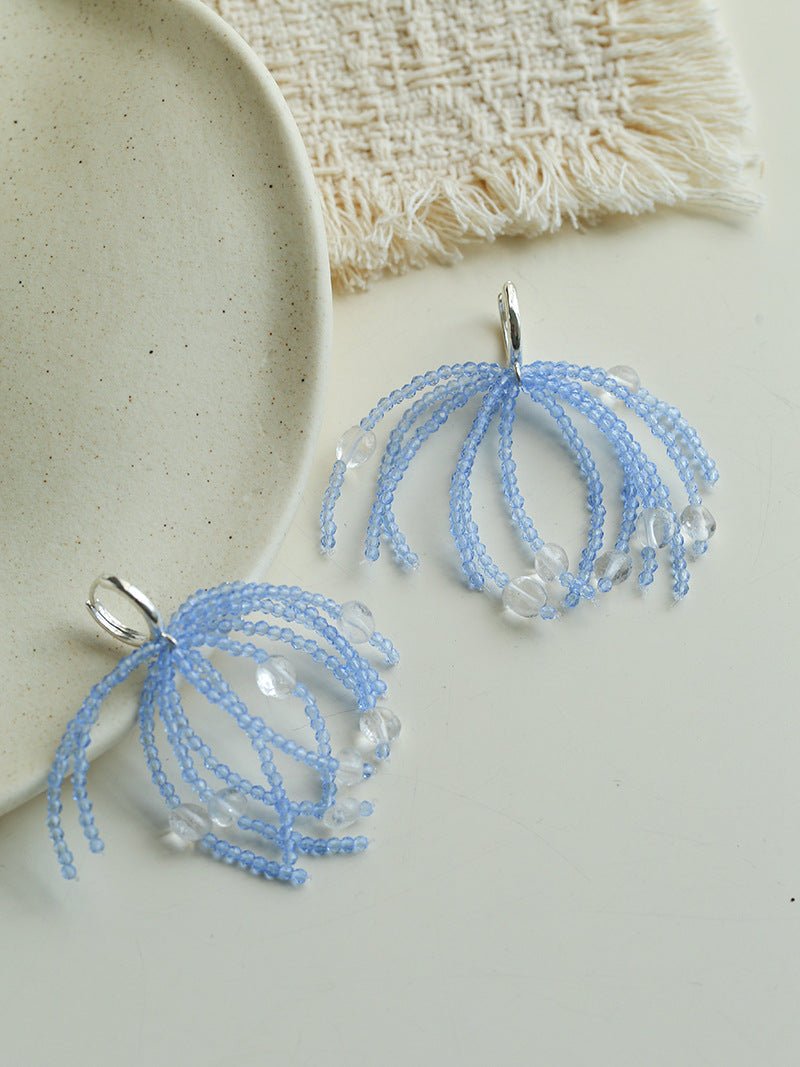 Sea Salt Blue Tassel Drop Earrings - Woven Crystal Fringe with Quartz Drops - floysun