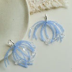 Sea Salt Blue Tassel Drop Earrings - Woven Crystal Fringe with Quartz Drops - floysun