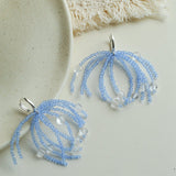 Sea Salt Blue Tassel Drop Earrings - Woven Crystal Fringe with Quartz Drops - floysun