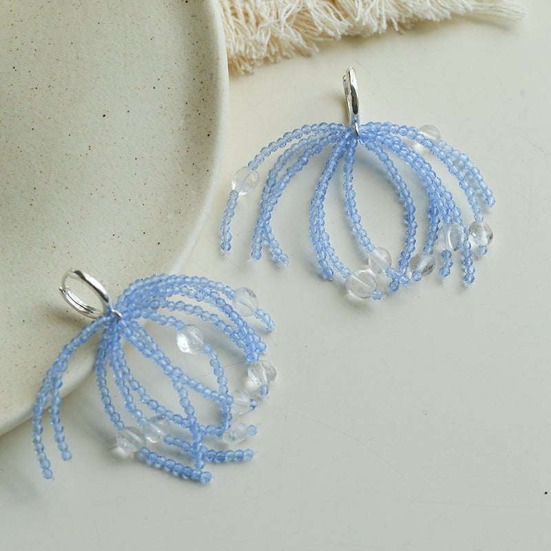 Sea Salt Blue Tassel Drop Earrings - Woven Crystal Fringe with Quartz Drops - floysun