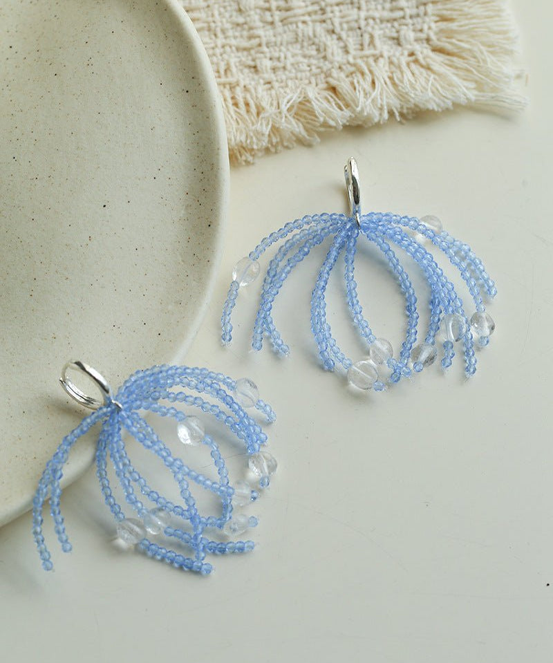 Sea Salt Blue Tassel Drop Earrings - Woven Crystal Fringe with Quartz Drops - floysun