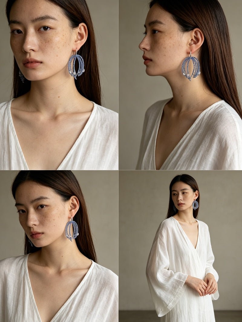 Sea Salt Blue Tassel Drop Earrings - Woven Crystal Fringe with Quartz Drops - floysun