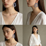 Sea Salt Blue Tassel Drop Earrings - Woven Crystal Fringe with Quartz Drops - floysun