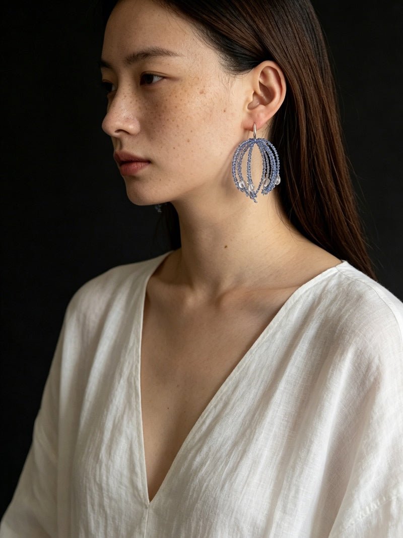 Sea Salt Blue Tassel Drop Earrings - Woven Crystal Fringe with Quartz Drops - floysun