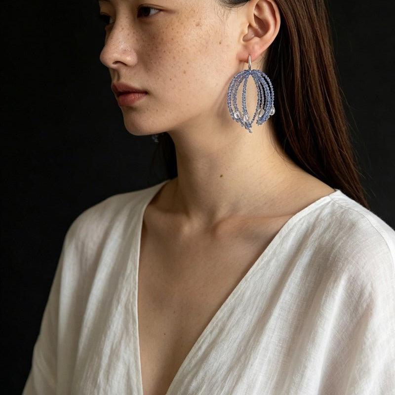 Sea Salt Blue Tassel Drop Earrings - Woven Crystal Fringe with Quartz Drops - floysun