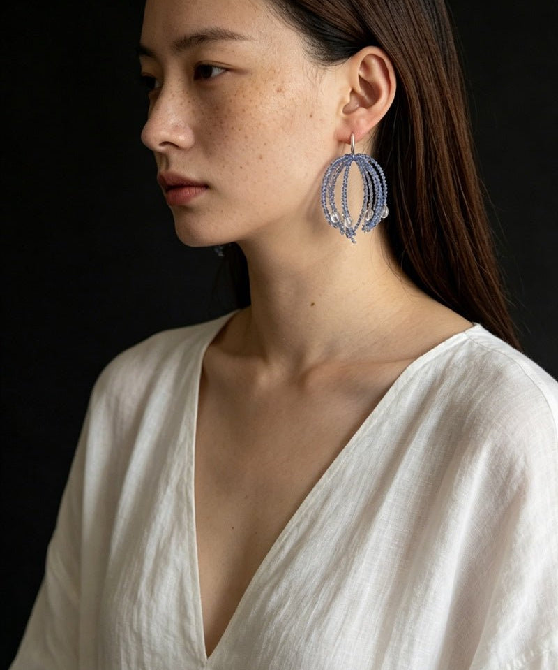 Sea Salt Blue Tassel Drop Earrings - Woven Crystal Fringe with Quartz Drops - floysun