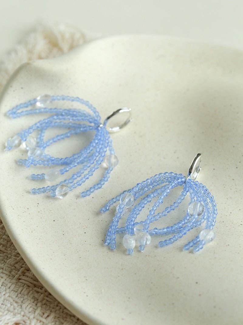 Sea Salt Blue Tassel Drop Earrings - Woven Crystal Fringe with Quartz Drops - floysun