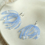 Sea Salt Blue Tassel Drop Earrings - Woven Crystal Fringe with Quartz Drops - floysun
