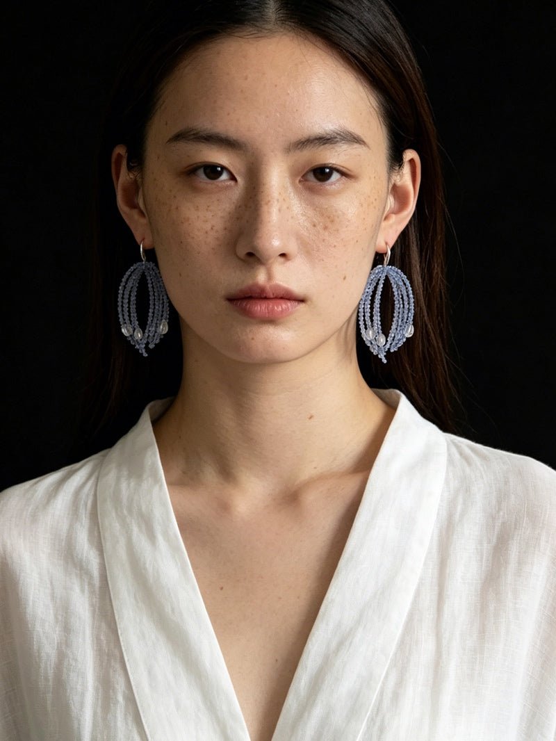 Sea Salt Blue Tassel Drop Earrings - Woven Crystal Fringe with Quartz Drops - floysun