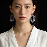 Sea Salt Blue Tassel Drop Earrings - Woven Crystal Fringe with Quartz Drops - floysun