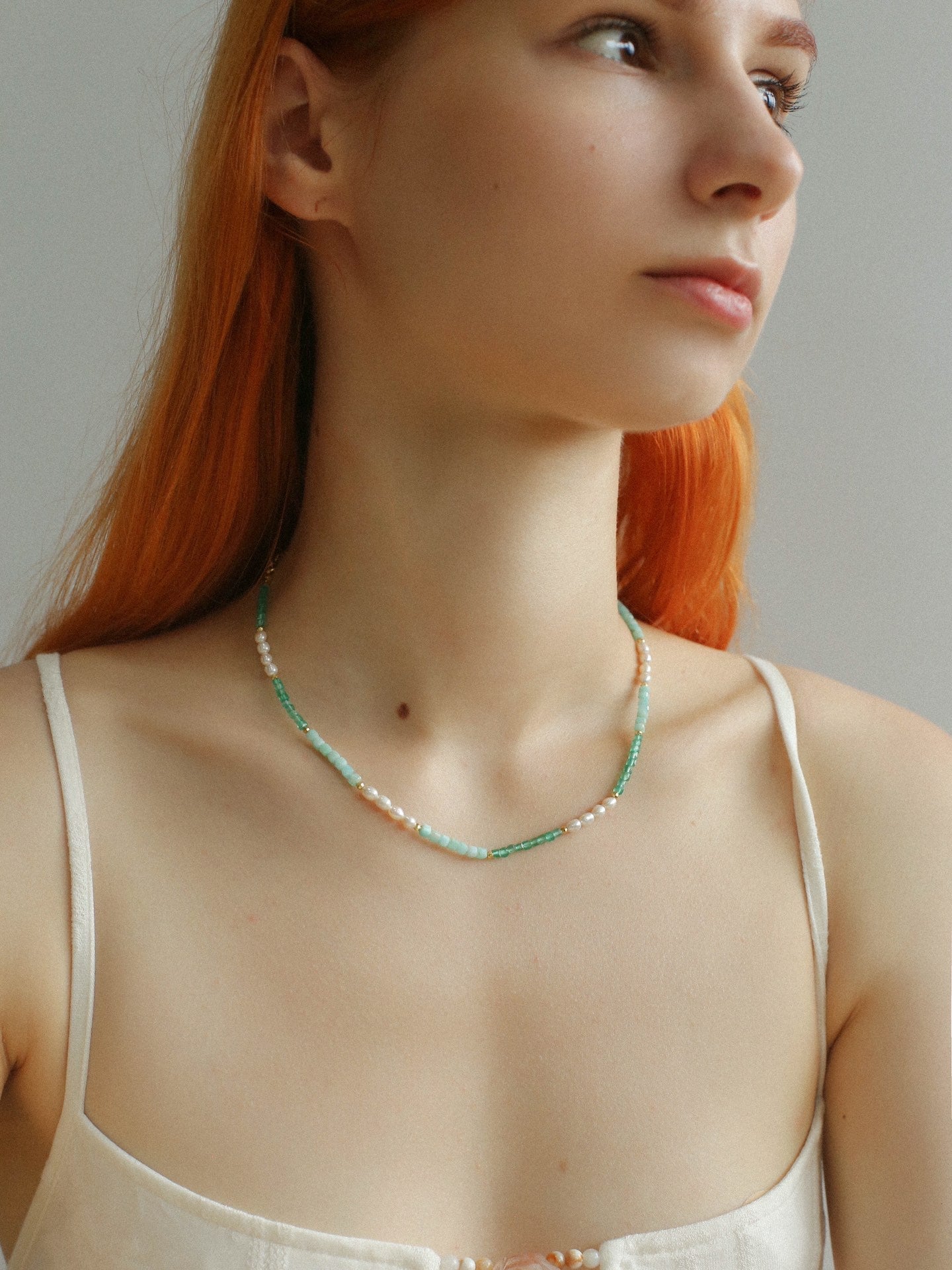 Secret Garden Colored Stone Beaded Necklace - Green Onyx Aquamarine - floysun