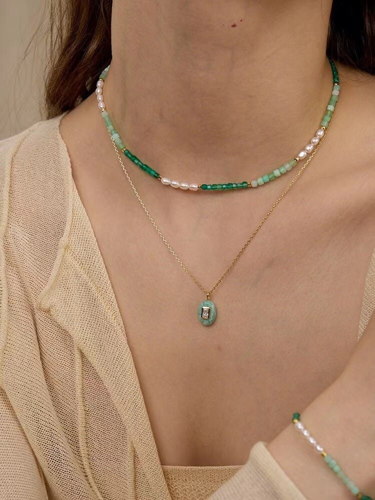 Secret Garden Colored Stone Beaded Necklace - Green Onyx Aquamarine - floysun