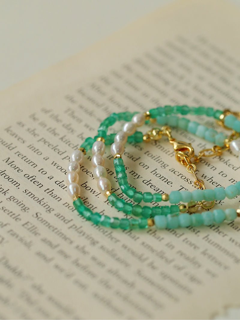 Secret Garden Colored Stone Beaded Necklace - Green Onyx Aquamarine - floysun