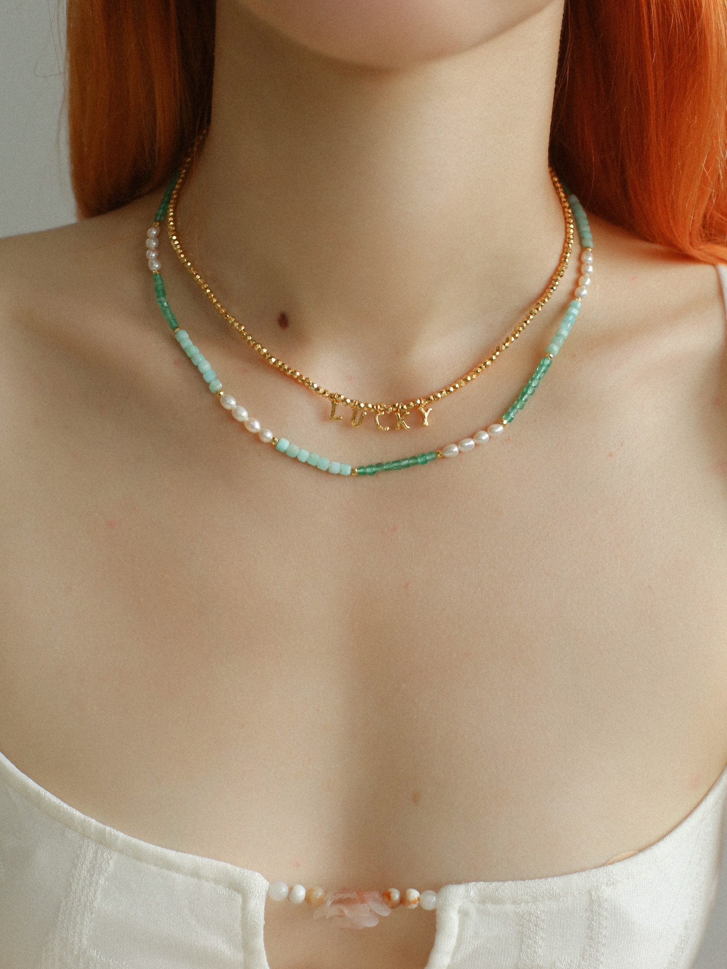 Secret Garden Colored Stone Beaded Necklace - Green Onyx Aquamarine - floysun