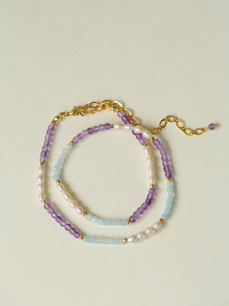 Secret Garden Colored Stone Beaded Necklace - Purple Onyx Aquamarine - floysun
