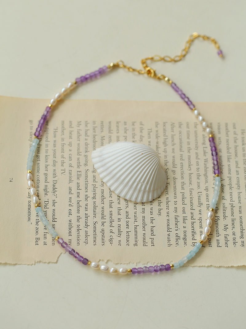Secret Garden Colored Stone Beaded Necklace - Purple Onyx Aquamarine - floysun